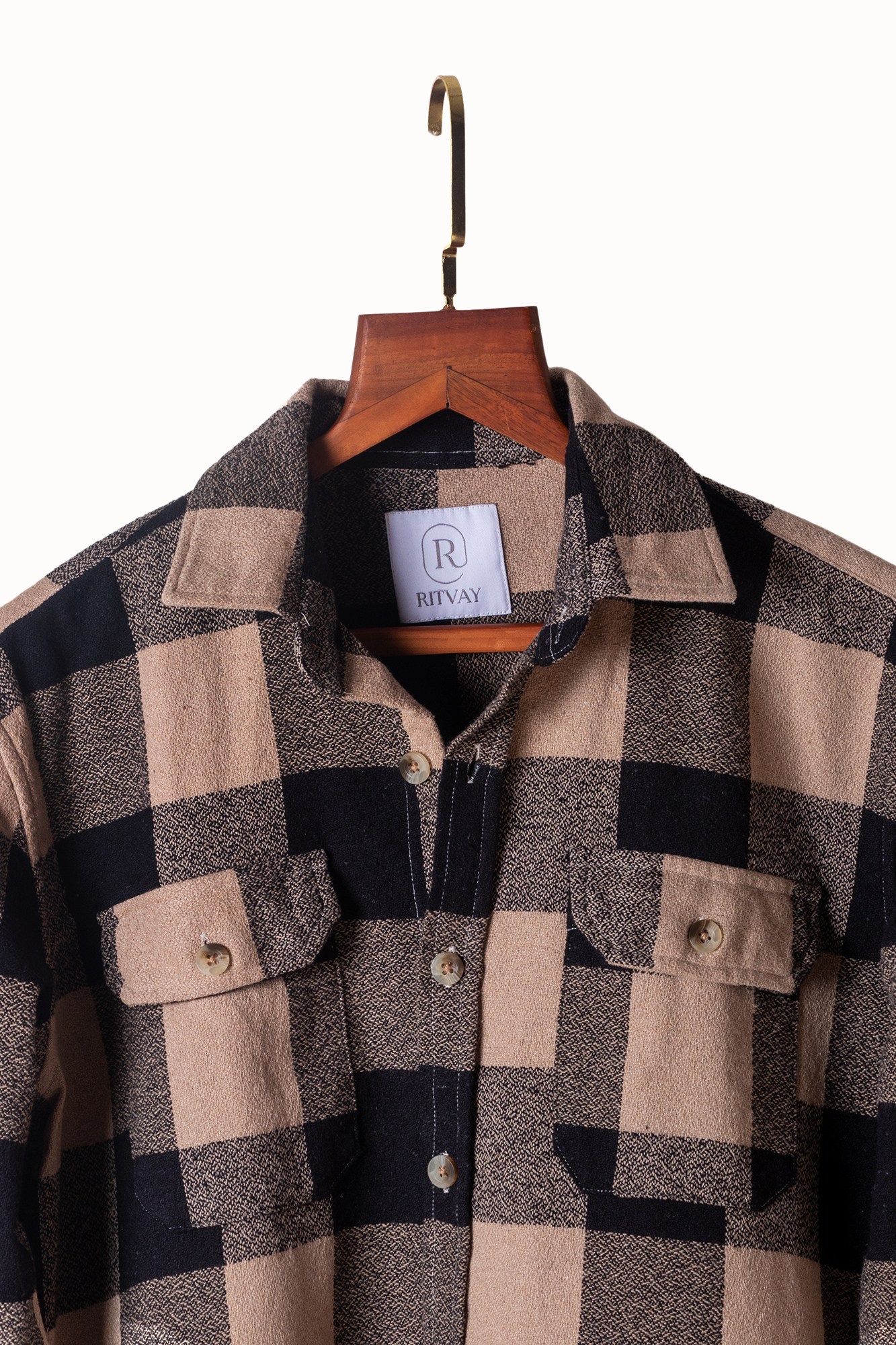 Beige Black Check Shirt Image 3
