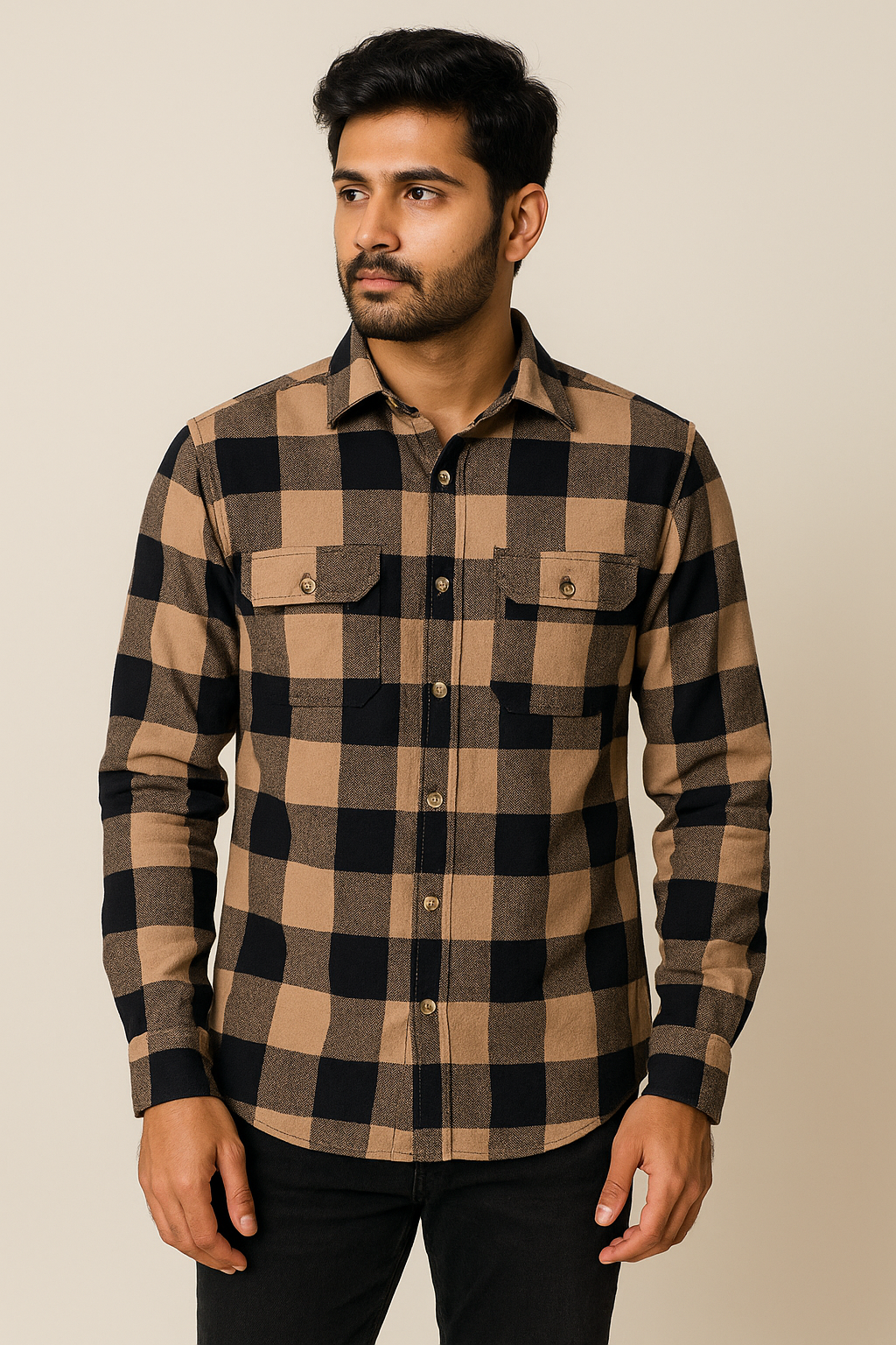 Beige Black Check Shirt Model 1