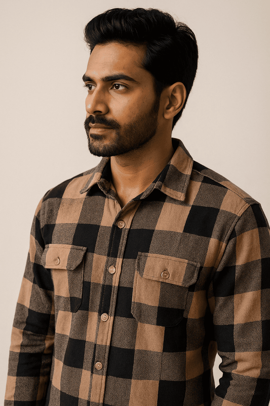 Beige Black Check Shirt Model 3