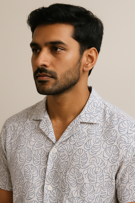 Beige Leaf Print Resort Shirt Model 3
