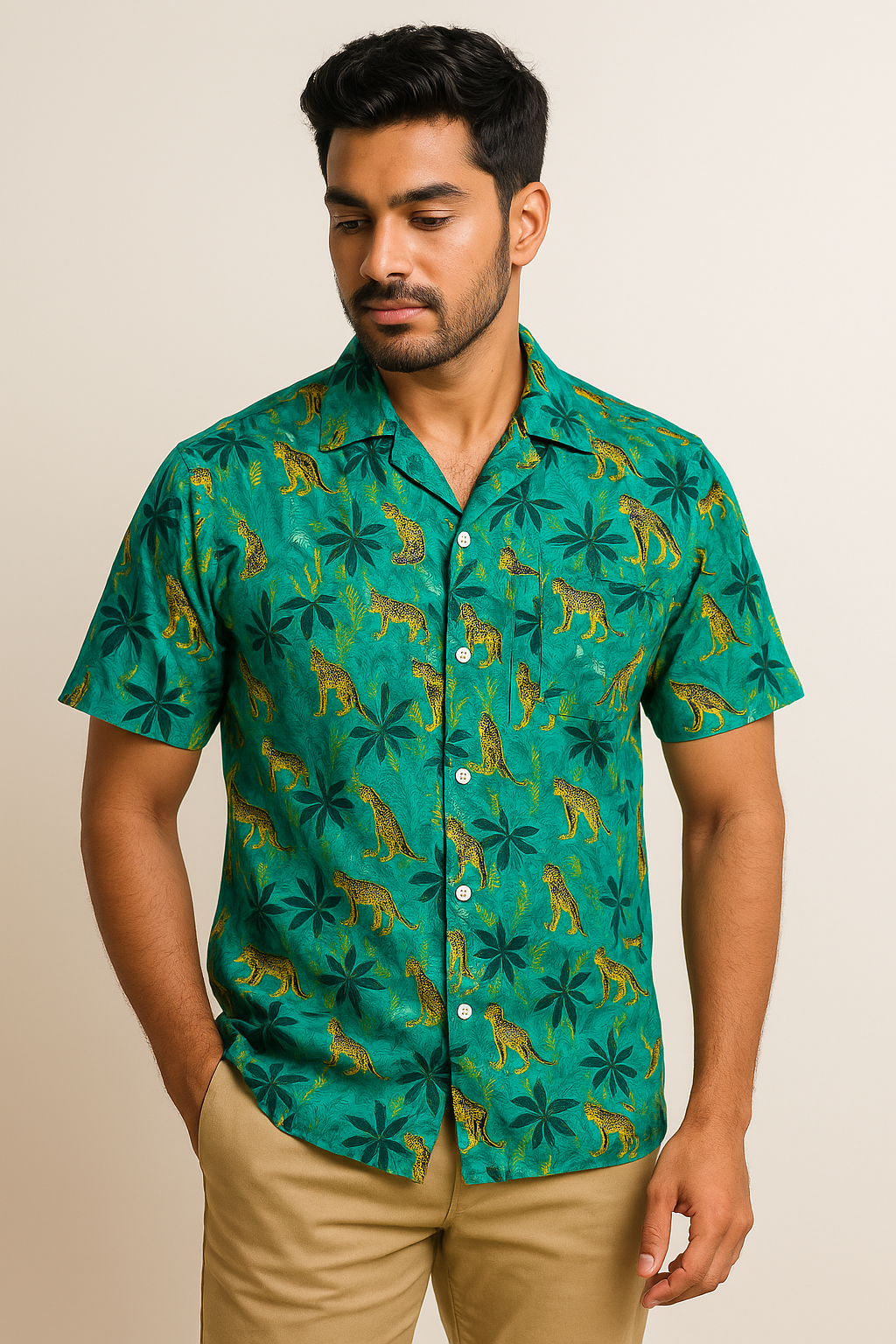 Green Cheetah Print Shirt Model 1
