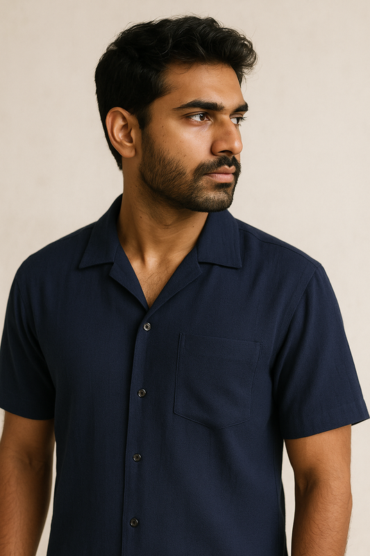 Navy Crinkle Cuban Shirt Half Sleeve Model 3