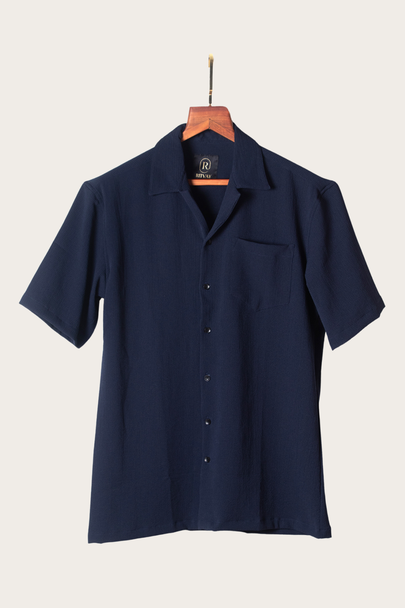 Navy Crinkle Cuban Shirt Half Sleeve Image 1