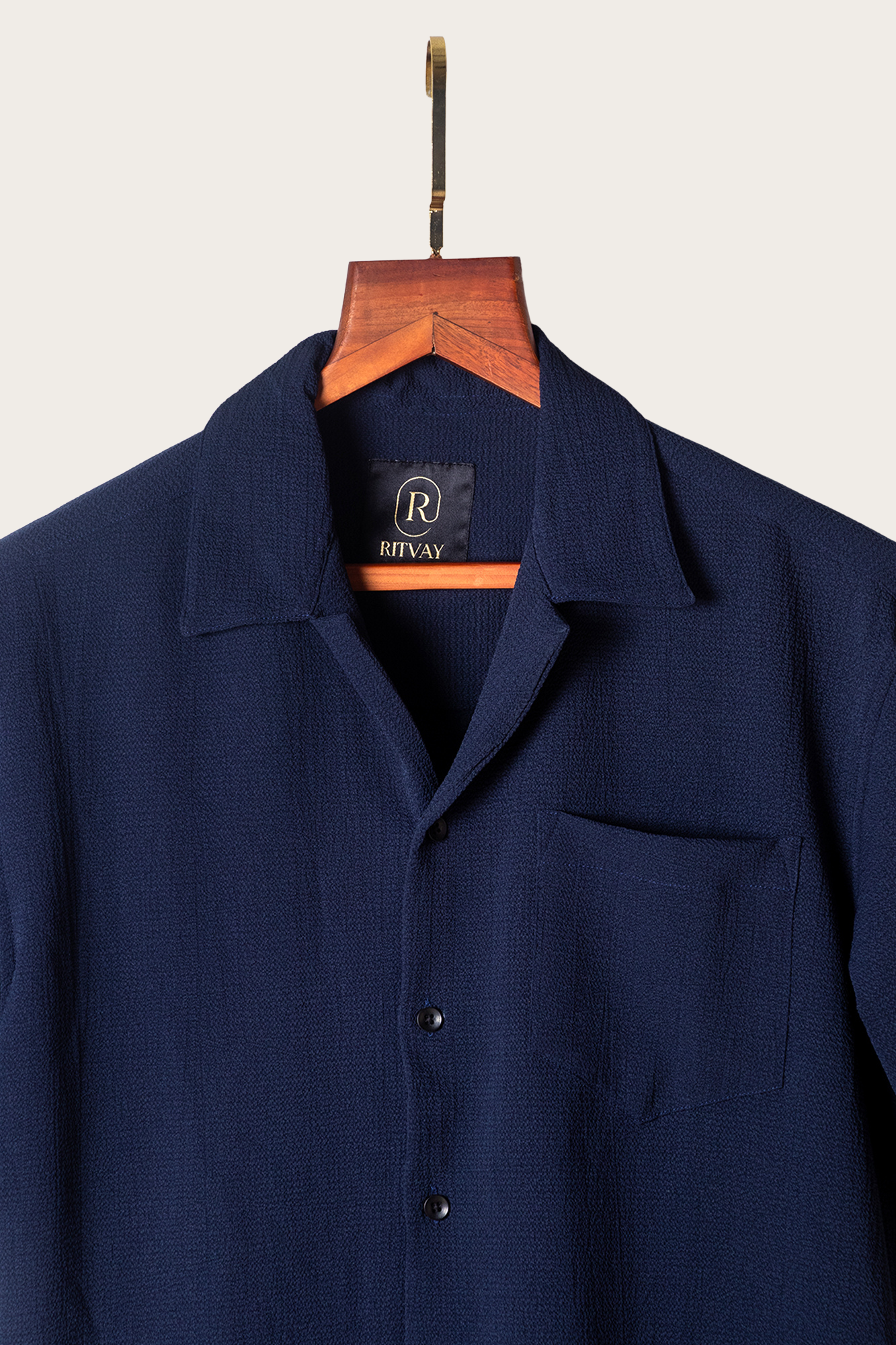 Navy Crinkle Cuban Shirt Half Sleeve Image 3