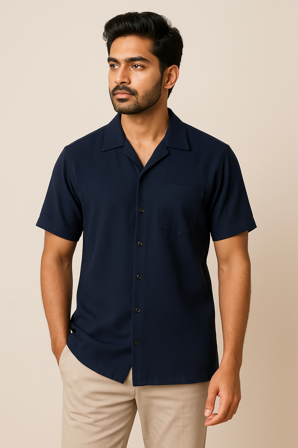 Navy Crinkle Cuban Shirt Half Sleeve Model 1