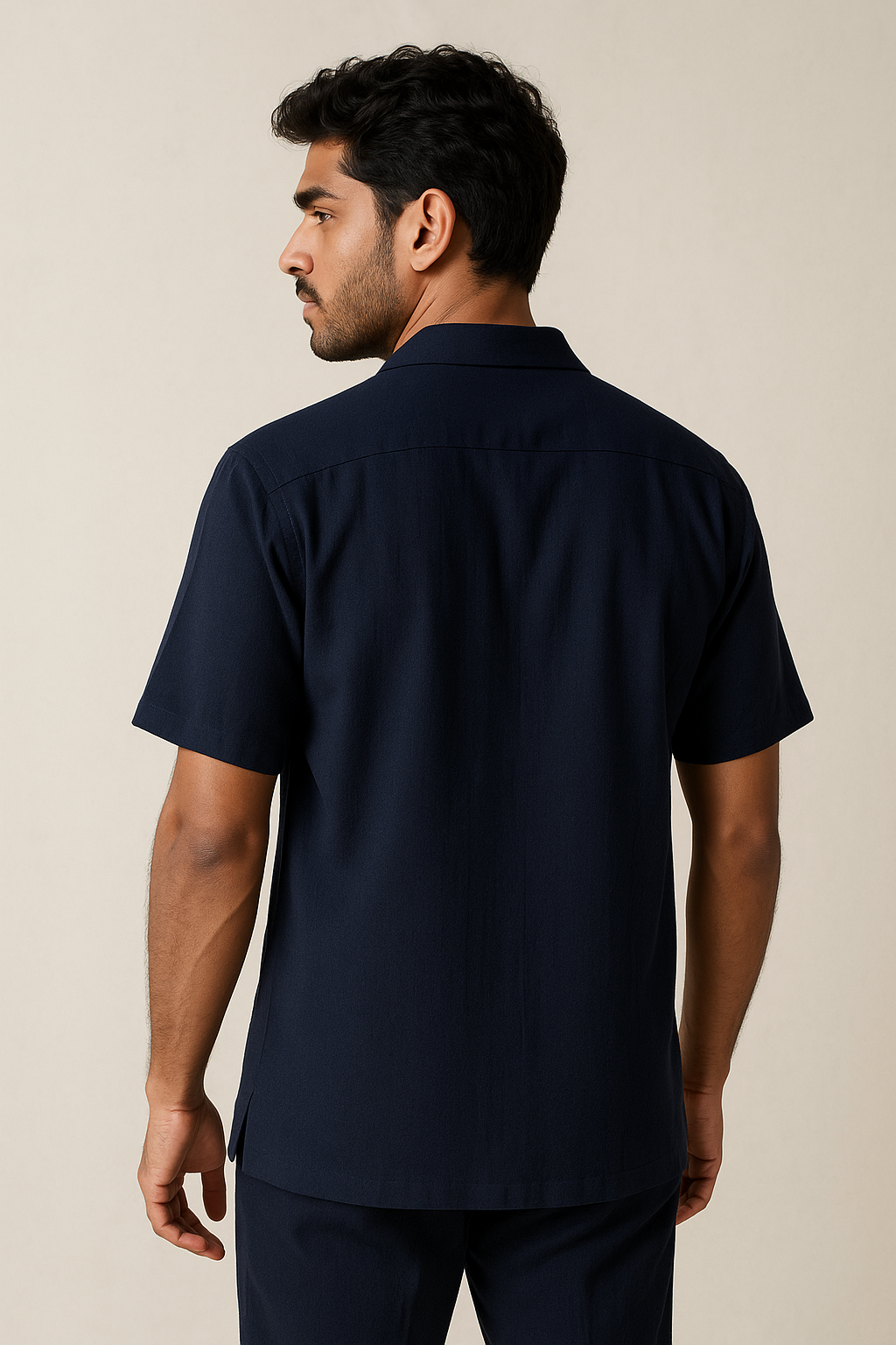 Navy Crinkle Cuban Shirt Half Sleeve Model 2
