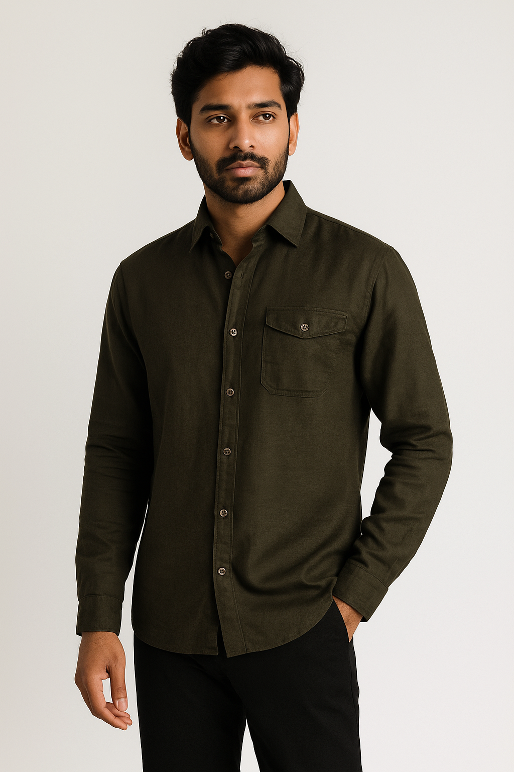 Olive Slub Shirt Model 1