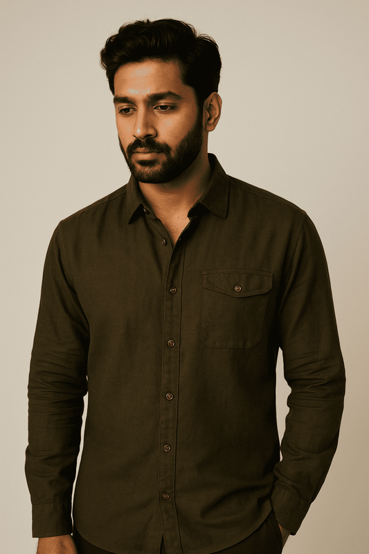 Olive Slub Shirt Model 3