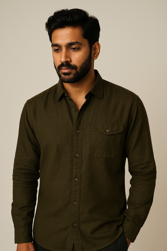 Olive Slub Shirt Model 3