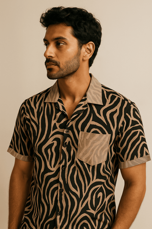 Olive Beige Zebra Print Shirt Model 3