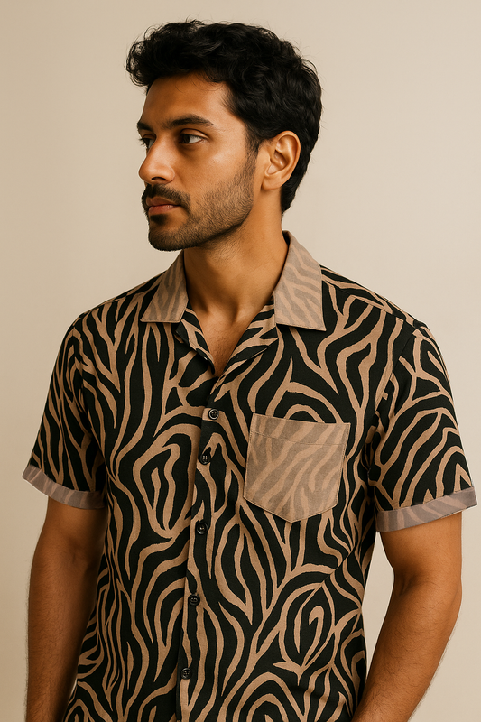 Olive Beige Zebra Print Shirt Model 3