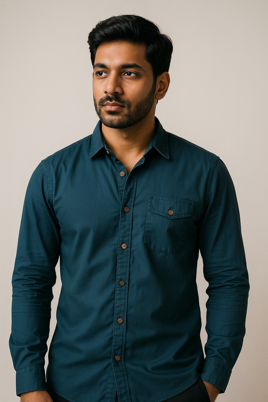 Teal Herringbone Dobby Shirt Model 1