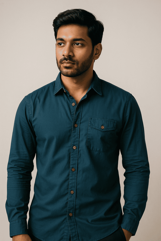 Teal Herringbone Dobby Shirt Model 1