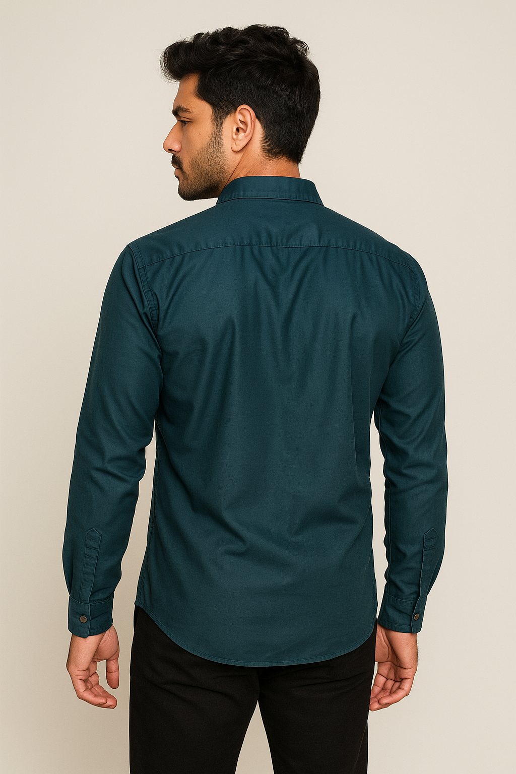 Teal Herringbone Dobby Shirt Model 2