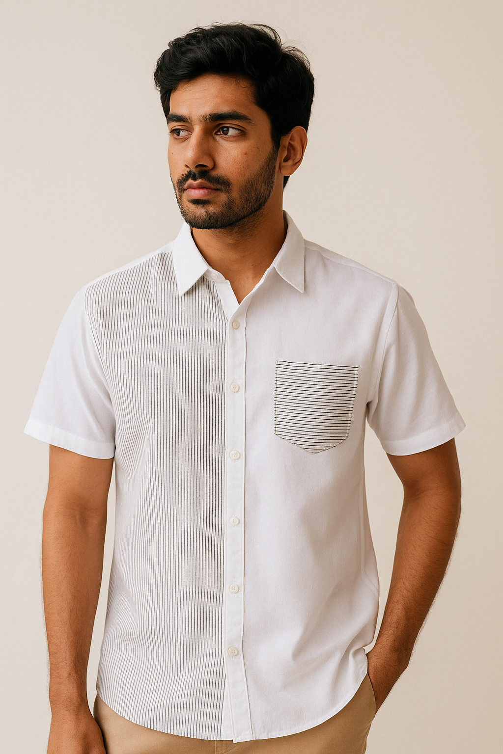 White Slub Stripe Shirt Model 1