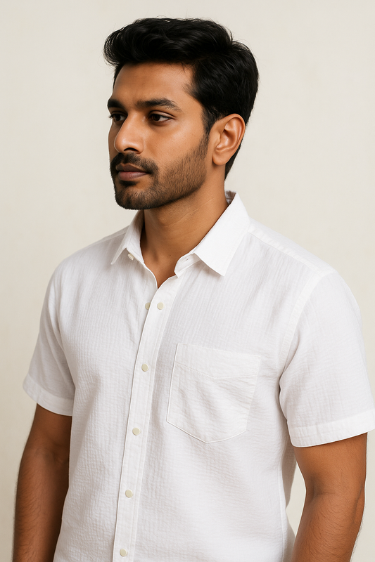 White Seersucker Shirt Half Sleeve Model 3