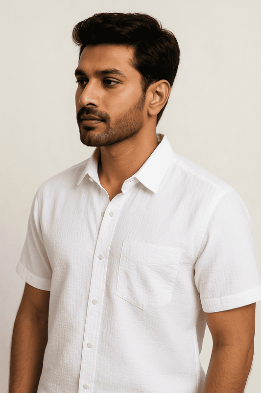 White Seersucker Shirt Half Sleeve Model 3