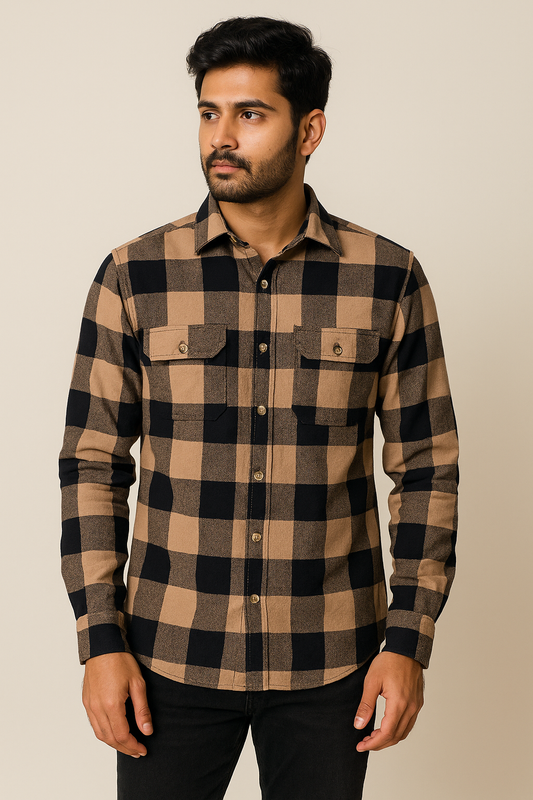 Beige Black Check Shirt Model 1