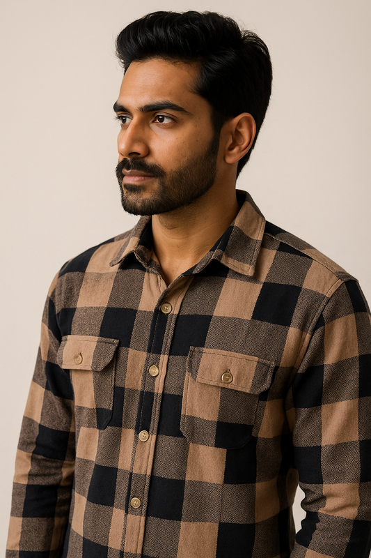 Beige Black Check Shirt Model 3