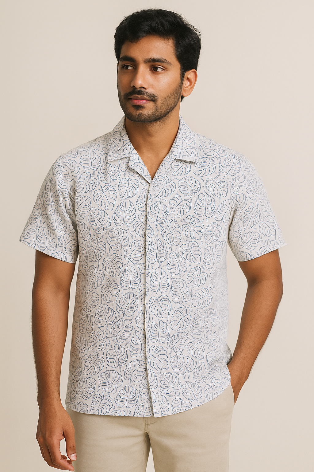 Beige Leaf Print Resort Shirt Model 1