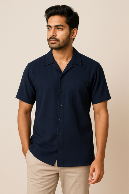 Navy Crinkle Cuban Shirt Half Sleeve Model 1