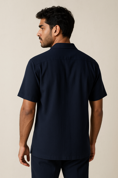 Navy Crinkle Cuban Shirt Half Sleeve Model 2