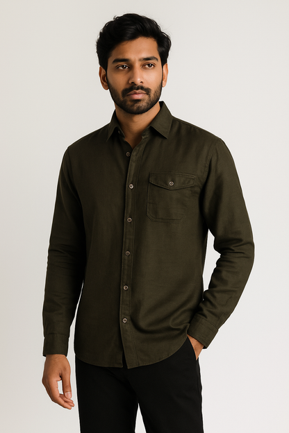Olive Slub Shirt Model 1