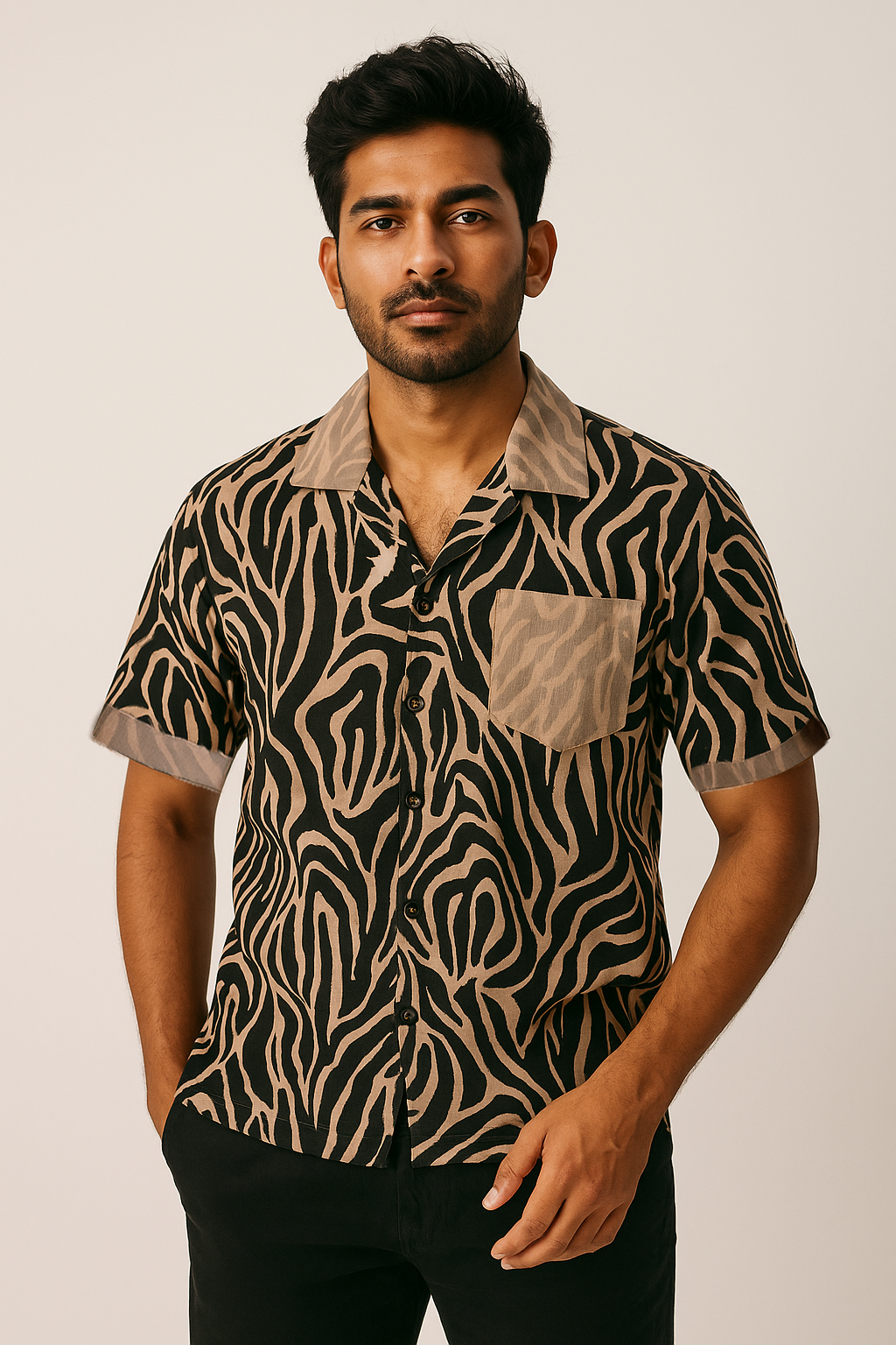 Olive Beige Zebra Print Shirt Model 1