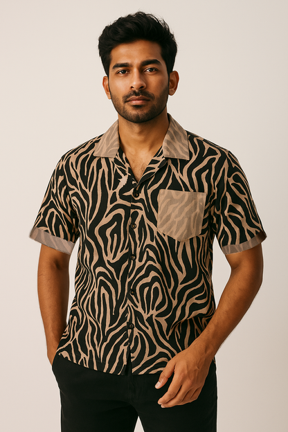 Olive Beige Zebra Print Shirt Model 1