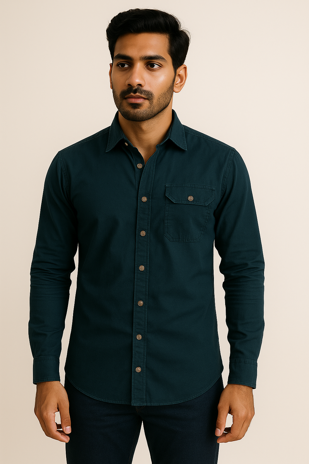 Teal Herringbone Dobby Shirt Model 4
