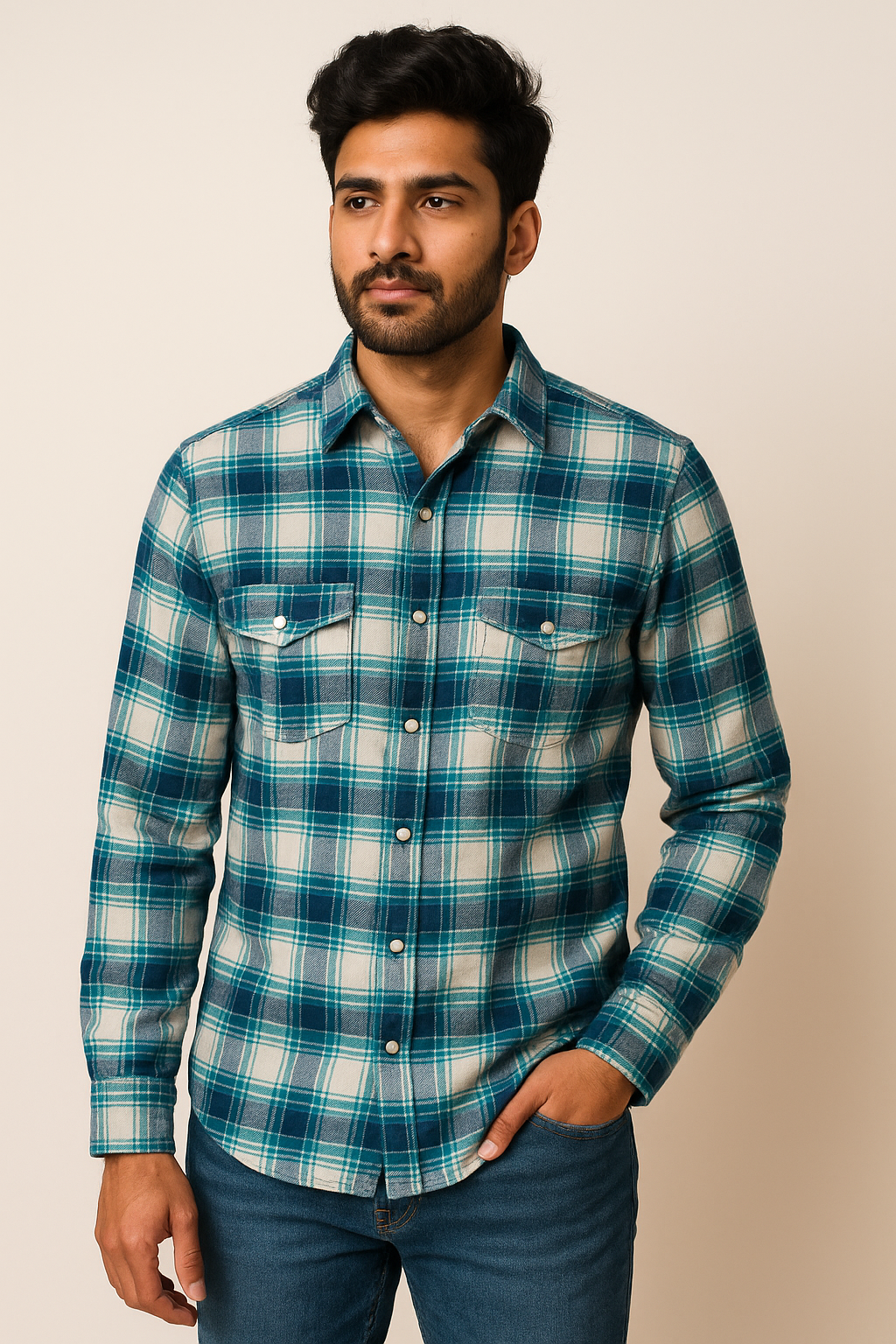 Turq Blue Check Shirt Model 1