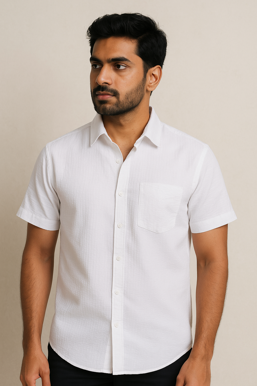 White Seersucker Shirt Half Sleeve Model 1
